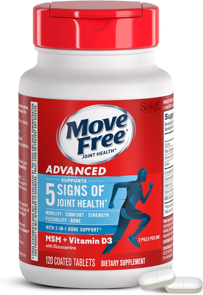 Move Free Advanced Glucosamine Chondroitin MSM + Vitamin D3 Joint Support Supplement, Supports Mobility Comfort Strength Flexibility & Bone + Immune Health - 120 Tablets (60 Servings)*