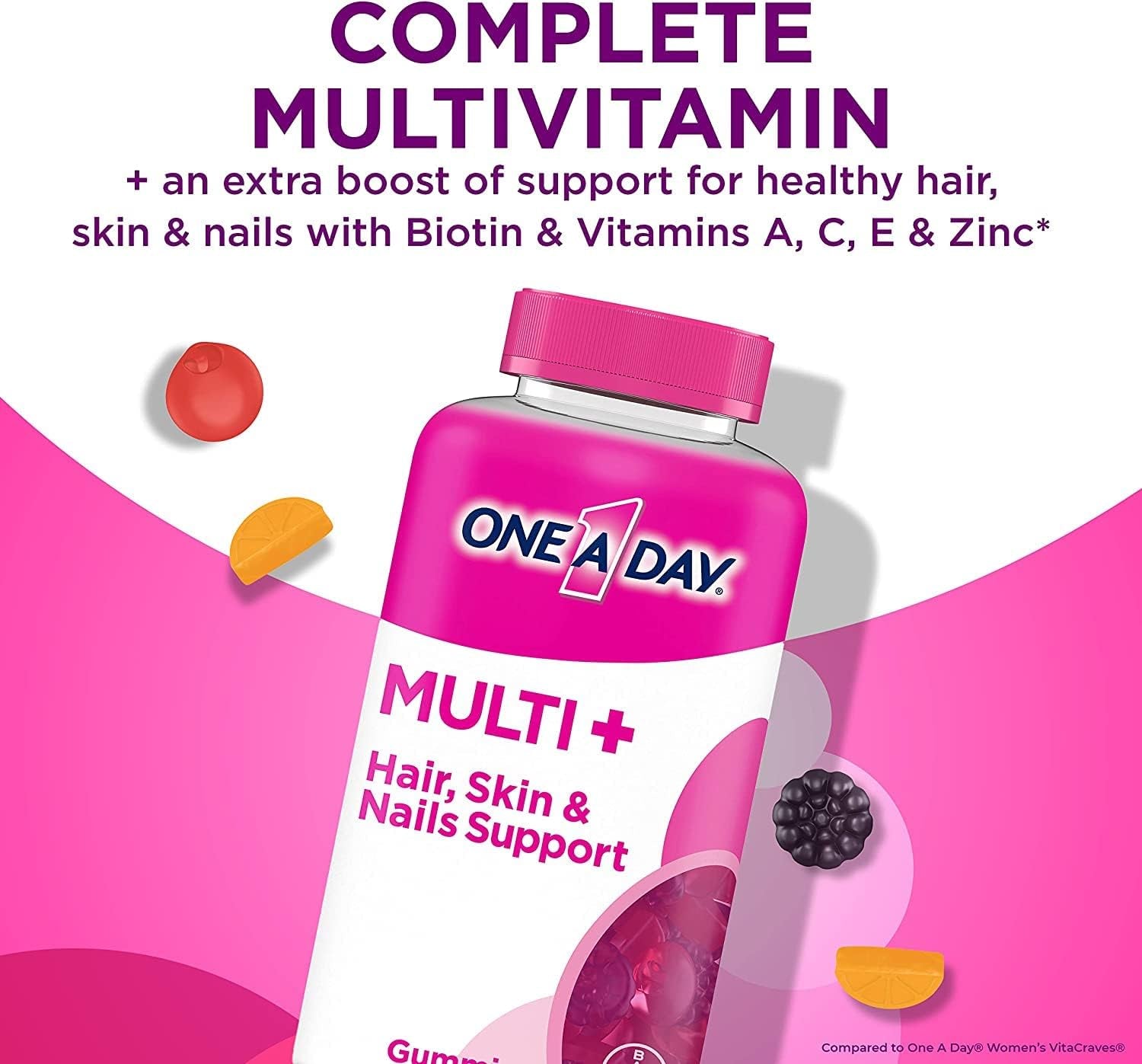 ONE a DAY Multi+ Hair, Skin & Nails, Multivitamin + Boost of Support for Healthy Hair, Skin & Nails with Biotin and Vitamins A, C, E & Zinc ,Gummy 120 Count (2 Month Supply)