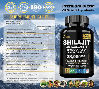 8-In-1 Shilajit Pure Himalayan Organic Supplement 9000MG with Rhodiola Rosea 1000MG, Ashwagandha 2000MG, Ginseng, Gingko Biloba, Turmeric, Cordyceps Mushroom, Stinging Nettle for Full Body Power