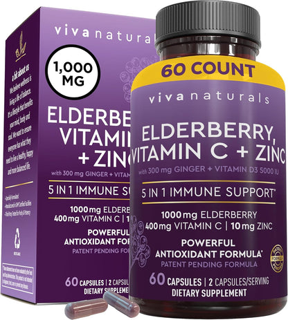 Viva Naturals Elderberry with Vitamin C and Zinc for Adults - 5 in 1 Sambucus Black Elderberry Capsules with Vitamin D3 5000 IU, Elderberries Immune Support Supplement 2 Months Supply Pills