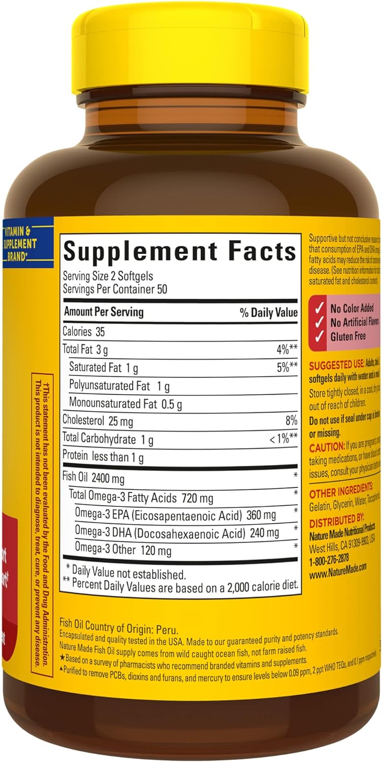 Nature Made Fish Oil 1200 Mg Softgels, Omega 3 Supplements, for Healthy Heart Support, Omega 3 Supplement with 100 Softgels, 50 Day Supply