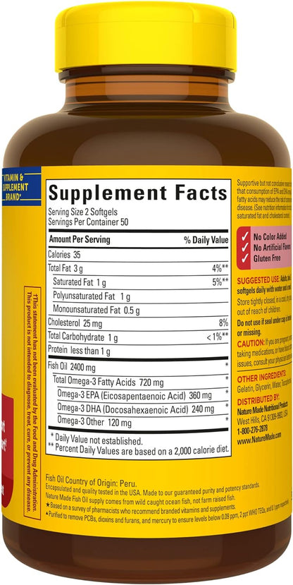 Nature Made Fish Oil 1200 Mg Softgels, Omega 3 Supplements, for Healthy Heart Support, Omega 3 Supplement with 100 Softgels, 50 Day Supply