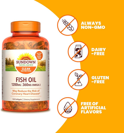 Sundown Fish Oil 1200 Mg, Omega-3 Dietary Supplement, Supports Heart Health, 100 Softgels (Packaging May Vary)