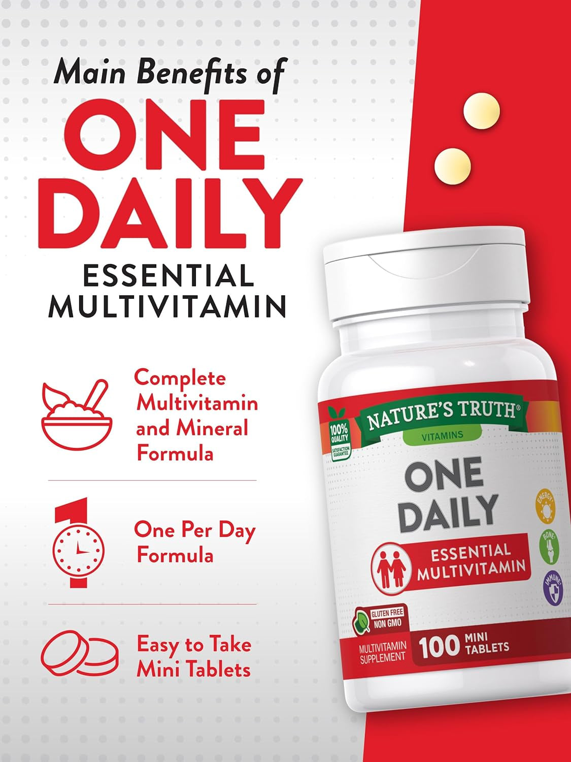 One Daily Multivitamin | 100 Mini Tablets | Non-Gmo & Gluten Free Supplement | for Men and Women | by Nature's Truth