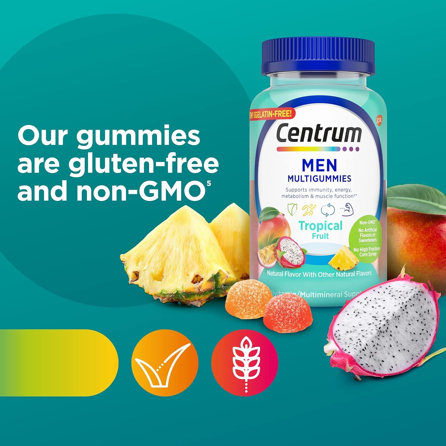 Centrum Men's Multivitamin Gummies, Tropical Fruit Flavors Made from Natural Flavors