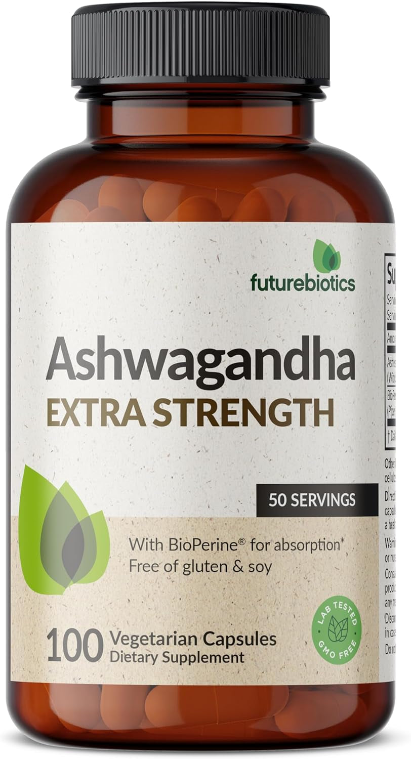 Futurebiotics Ashwagandha Extra Strength Stress & Mood Support with Bioperine - Non GMO Formula, 100 Vegetarian Capsules