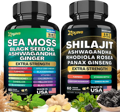 Zoyava Dynamic Vitality Bundle, Sea Moss and Shilajit Bundle, Sea Moss 7000Mg, Black Seed Oil 4000Mg, Ashwagandha 2000Mg, Ginger & Shilajit 9000Mg, Rhodiola Rosea 1000Mg, Panax Ginseng