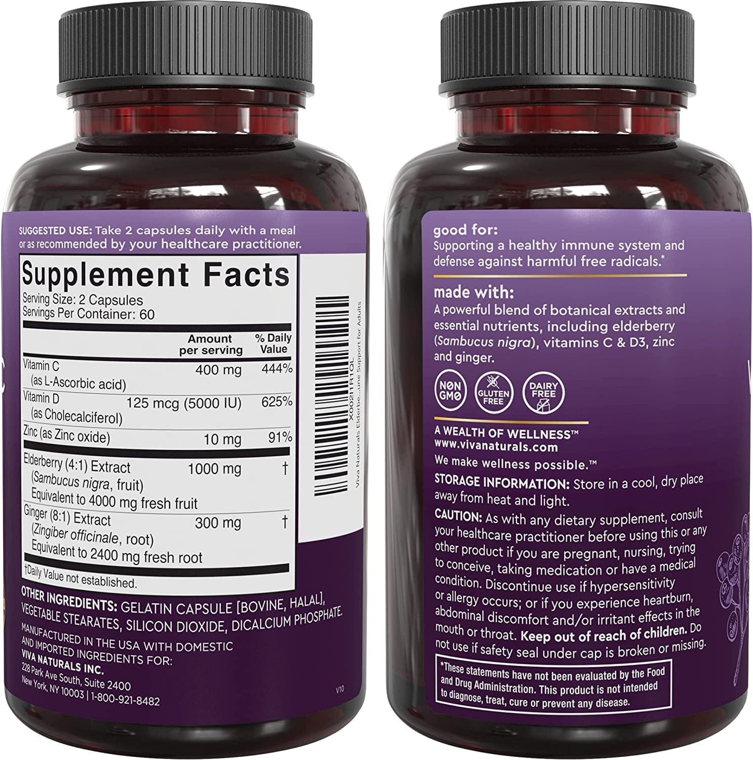 Viva Naturals Elderberry with Vitamin C and Zinc for Adults - 5 in 1 Sambucus Black Elderberry Capsules with Vitamin D3 5000 IU, Elderberries Immune Support Supplement 2 Months Supply Pills