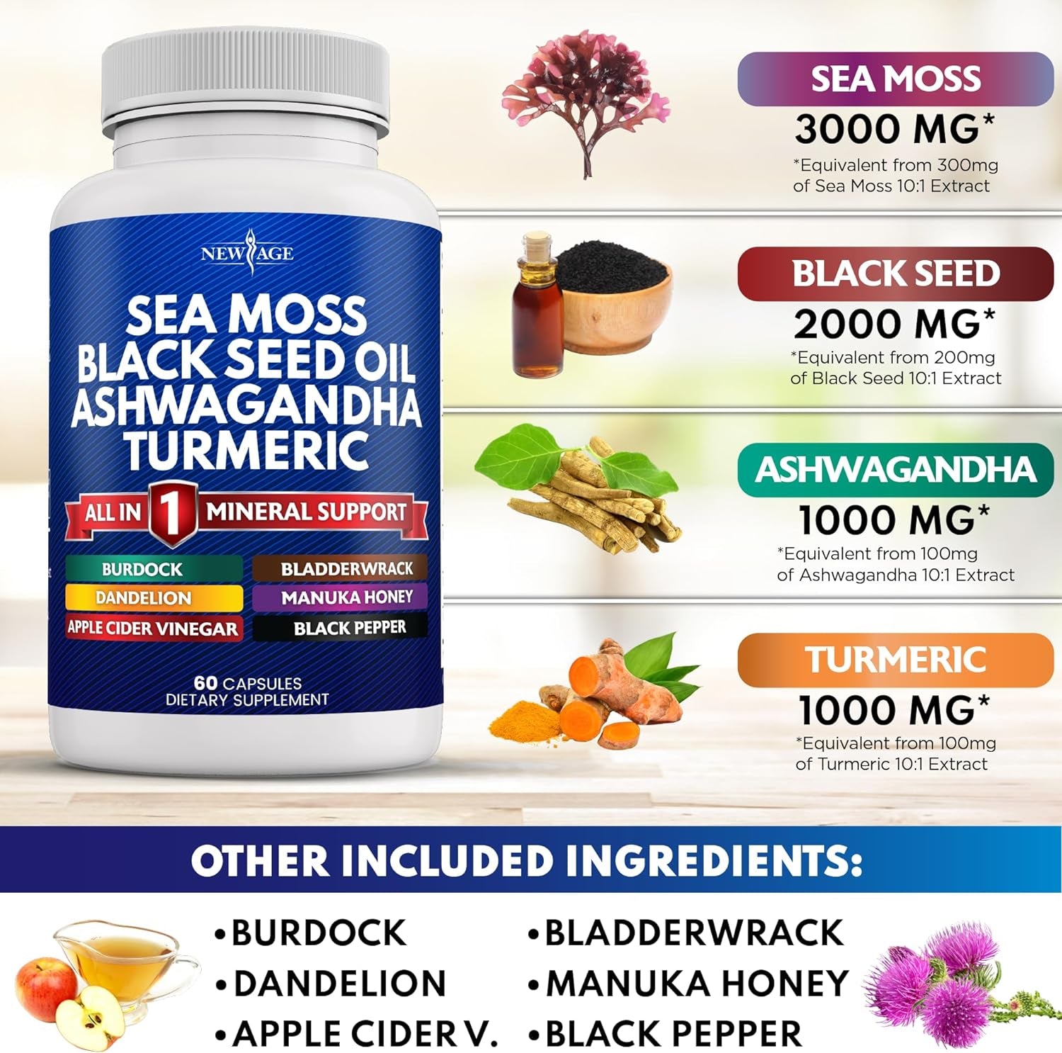 Silica Sea Moss 3000Mg Black Seed Oil 2000Mg Ashwagandha 1000Mg Turmeric 1000Mg Bladderwrack 1000Mg Burdock 1000Mg- with Manuka, Honey Dandelion, ACV Black Pepper Gluten Free