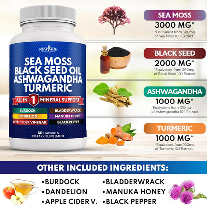 Silica Sea Moss 3000Mg Black Seed Oil 2000Mg Ashwagandha 1000Mg Turmeric 1000Mg Bladderwrack 1000Mg Burdock 1000Mg- with Manuka, Honey Dandelion, ACV Black Pepper Gluten Free