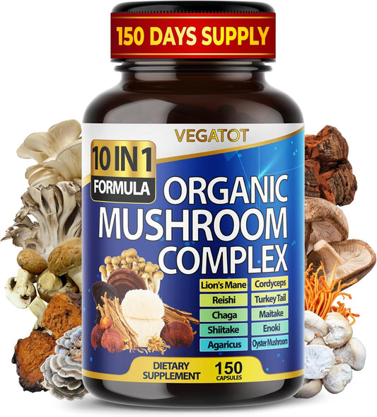 10 in 1 High Strength Mushroom Supplement 9,700MG - Lions Mane, Cordyceps, Reishi - Brain Supplements for Memory and Focus 