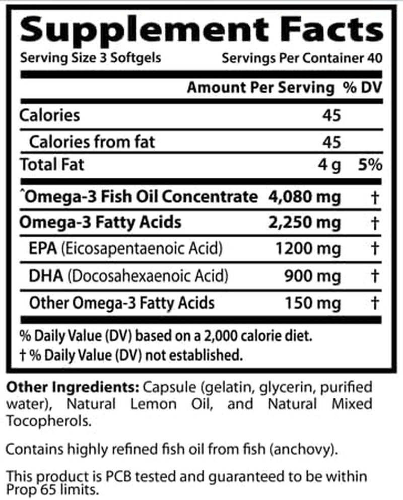 Arazo Nutrition Wild Caught Omega 3 Fish Oil – 120 Soft Gels – 4,080Mg High EPA 1200Mg DHA 900Mg Lemon Flavor Burpless Softgels