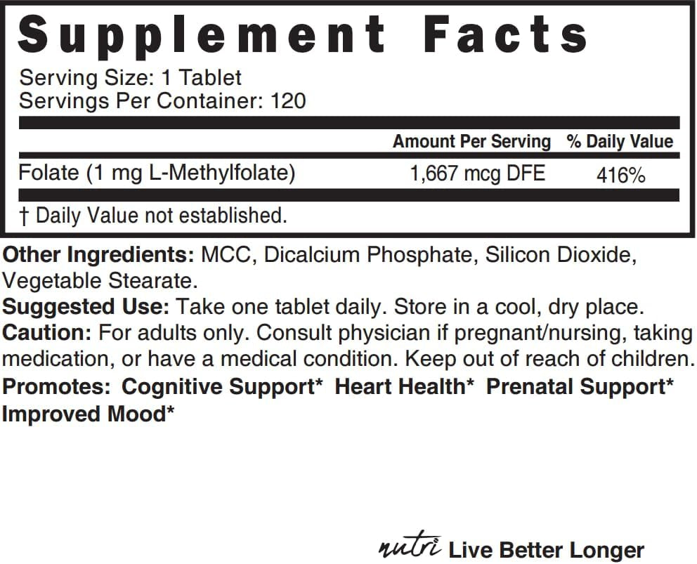 Nutri 5-MTHF L Methylfolate 1MG - 4 Month Supply, 120 Vegan Tablets - Methylated Folate Supplement - Cognitive Function, Heart Health, Prenatal Support - Methylated Folic Acid, MTHFR Supplement