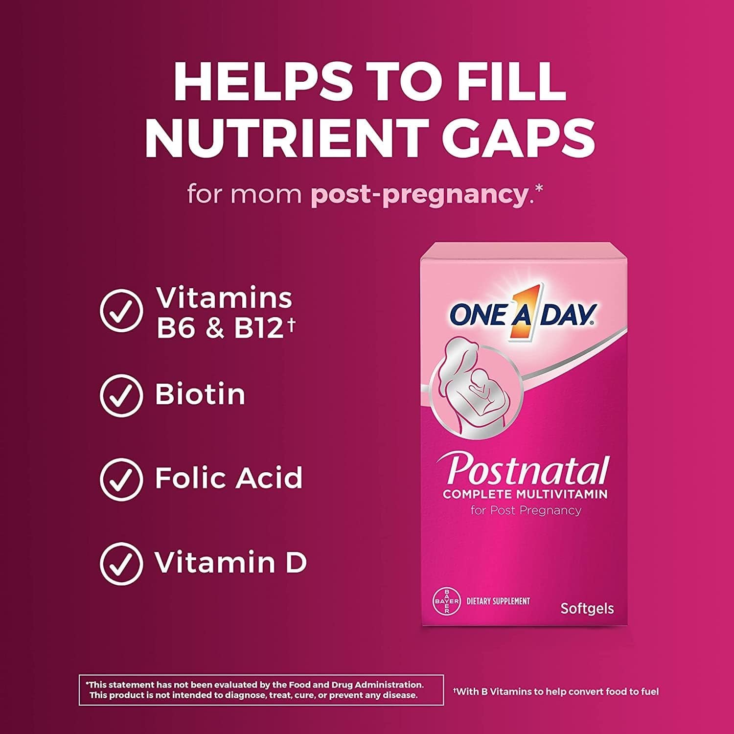 ONE a DAY Postnatal Complete Multivitamin for Post-Pregnancy with Folic Acid and Omega-3 DHA, 60 Count (Packaging May Vary)