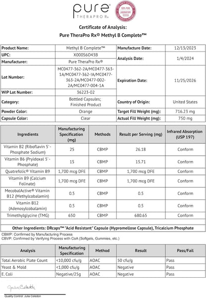 Methyl B Complete - Methylated B Complex Vitamins 5-MTHF Folate Supplement, B12 Methylcobalamin, B2, B6 & TMG Trimethylglycine, Methylfolate Folic Acid - Made in the USA