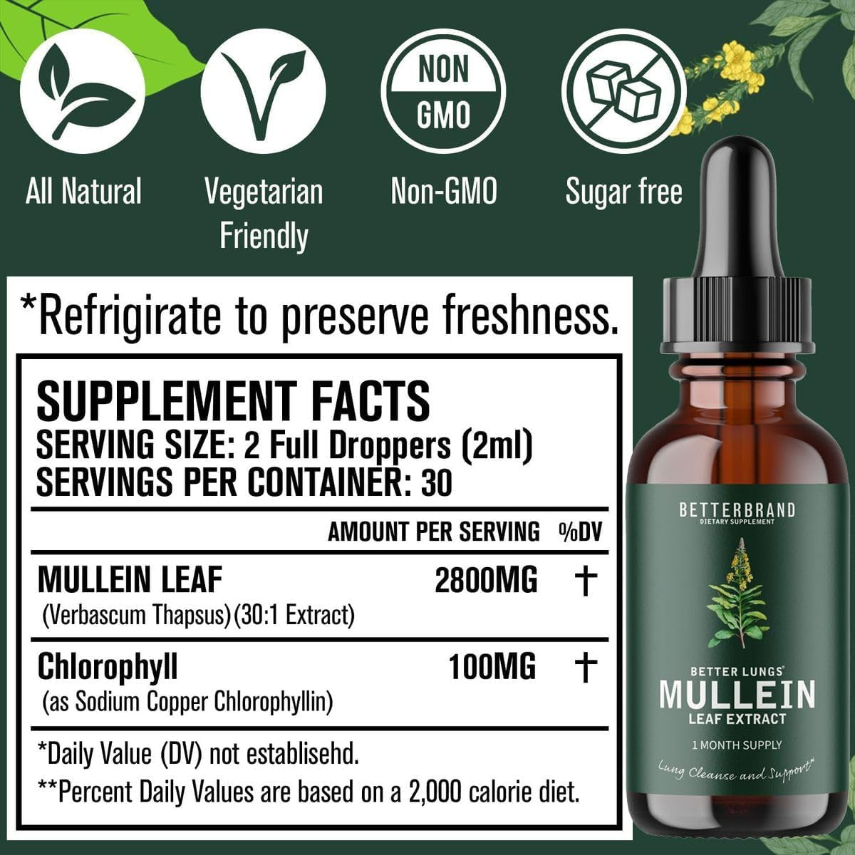 Betterbrand Betterlungs Mullein Leaf Extract - Support Lung Cleanse & Respiratory Function for Healthy Breathing - Natural Supplement, Tincture Drops | Non-Gmo, Vegetarian | 1 Month Supply