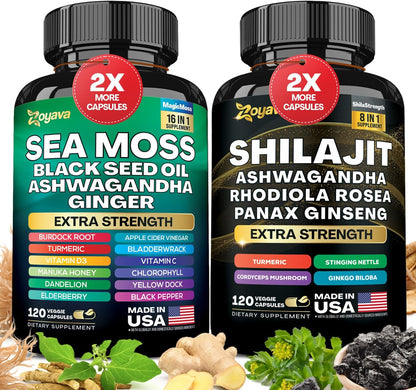 Zoyava Dynamic Vitality Bundle, Sea Moss and Shilajit Bundle, Sea Moss 7000Mg, Black Seed Oil 4000Mg, Ashwagandha 2000Mg, Ginger & Shilajit 9000Mg, Rhodiola Rosea 1000Mg, Panax Ginseng