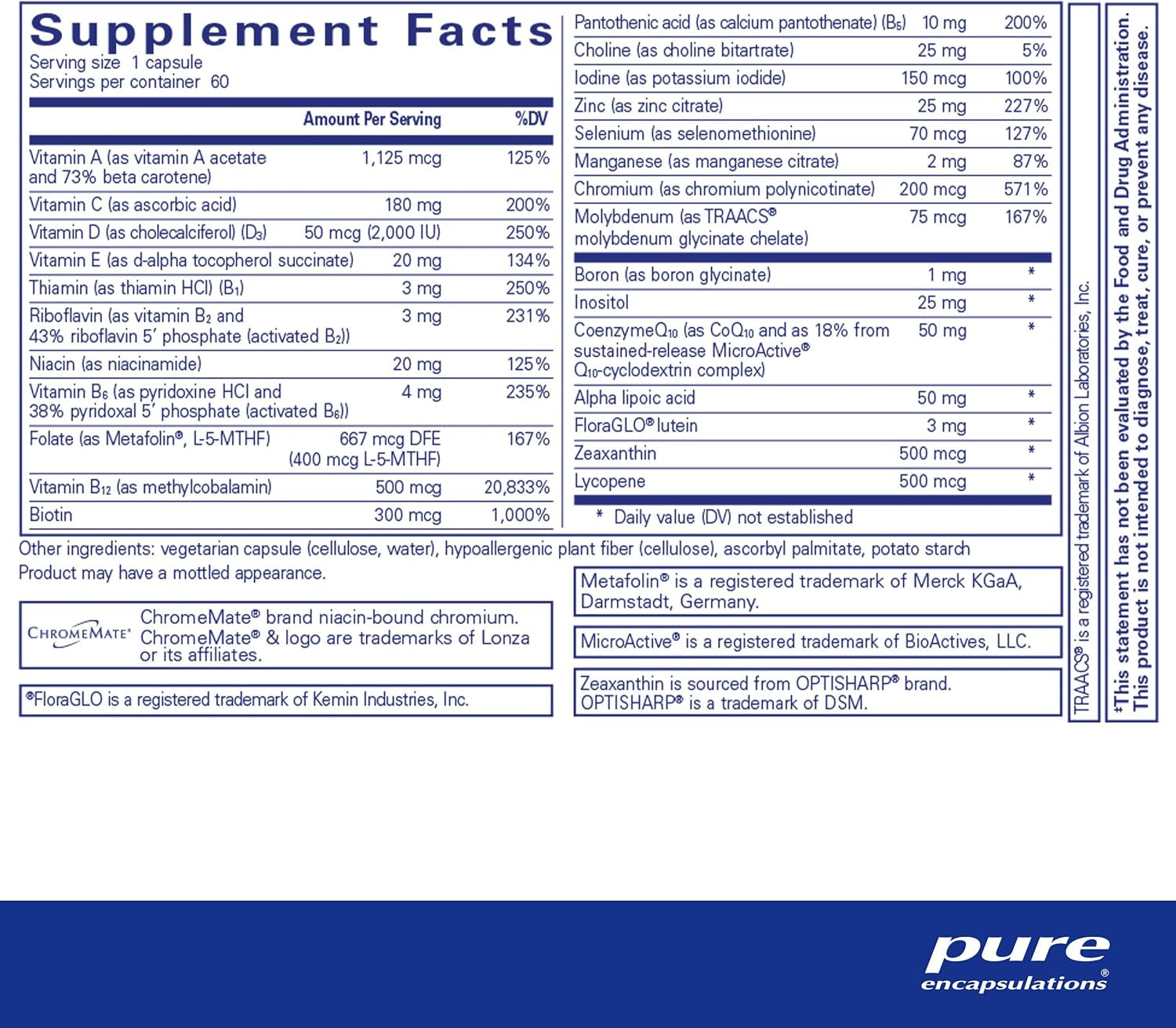 Pure Encapsulations O.N.E. Multivitamin - Once Daily Multivitamin with Antioxidant Complex Metafolin, Coq10, and Lutein to Support Vision, Cognitive Function, and Cellular Health* - 60 Capsules