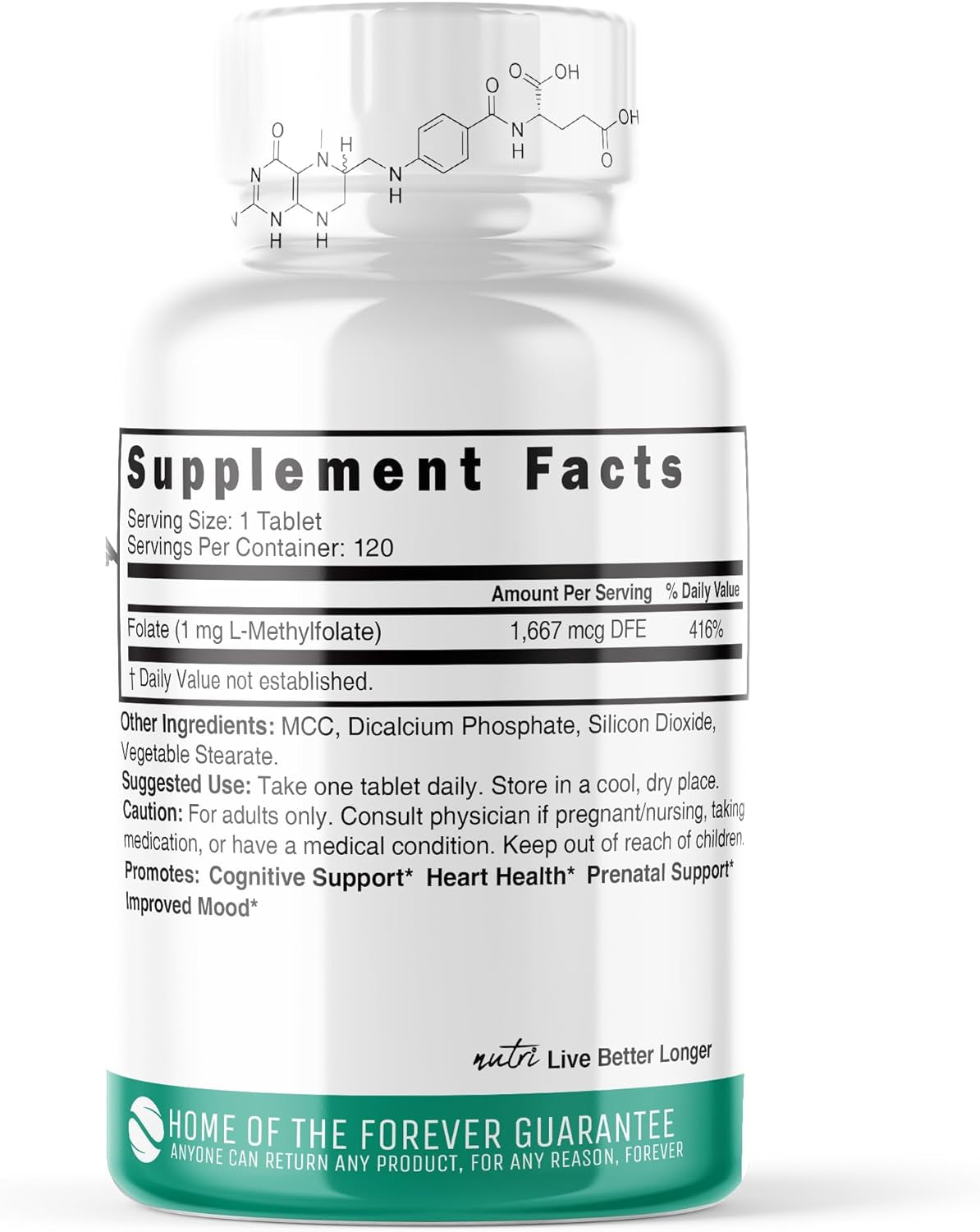 Nutri 5-MTHF L Methylfolate 1MG - 4 Month Supply, 120 Vegan Tablets - Methylated Folate Supplement - Cognitive Function, Heart Health, Prenatal Support - Methylated Folic Acid, MTHFR Supplement