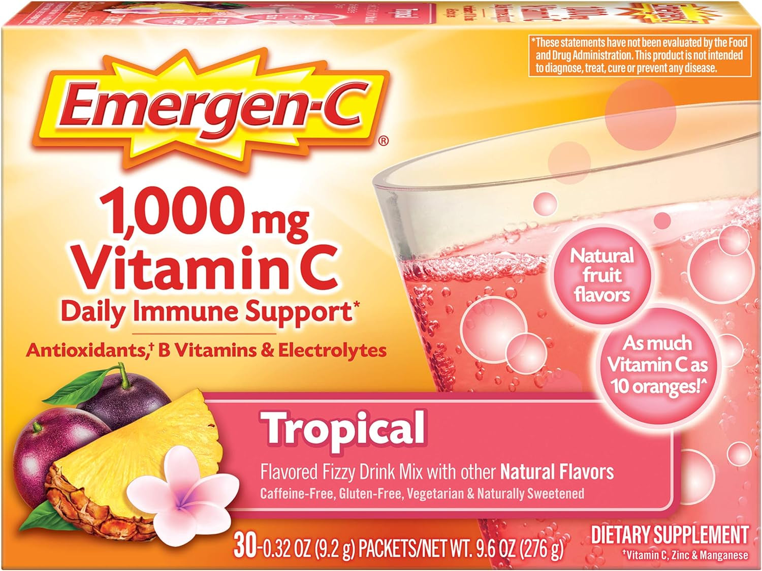 Emergen-C 1000Mg Vitamin C Powder, with Antioxidants, B Vitamins and Electrolytes, Vitamin C Supplements for Immune Support, Caffeine Free Fizzy Drink Mix, Tangerine Flavor