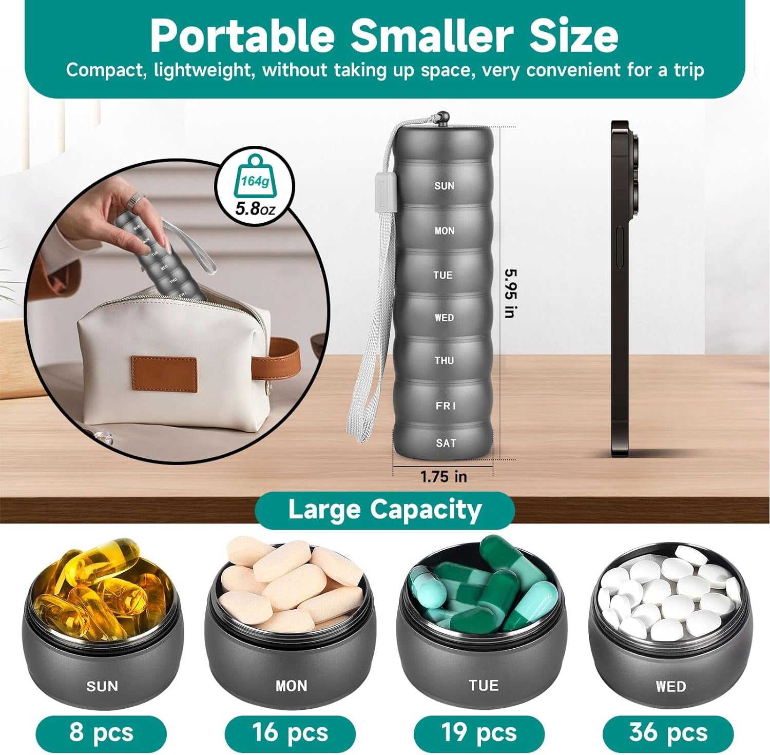 Metal Pill Organizer, Travel Pill Organizer 7 Days, Portable Medicine Organizer Pill Box, Aluminum Material, Sturdy and Waterproof. Daily Pill Box Can Hold Vitamins, Fish Oil, Pills, Supplements.Grey