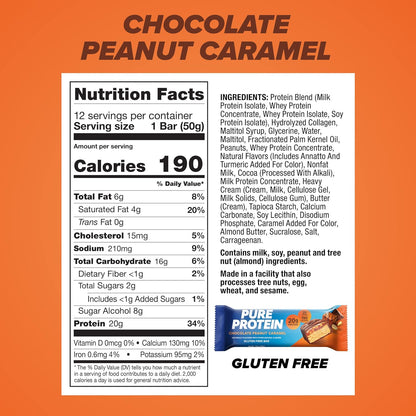 Pure Protein Bars, High Protein, Nutritious Snacks to Support Energy, Low Sugar, Gluten Free, Chocolate Peanut Caramel, 1.76Oz, 12 Count (Pack of 1) (Packaging May Vary)