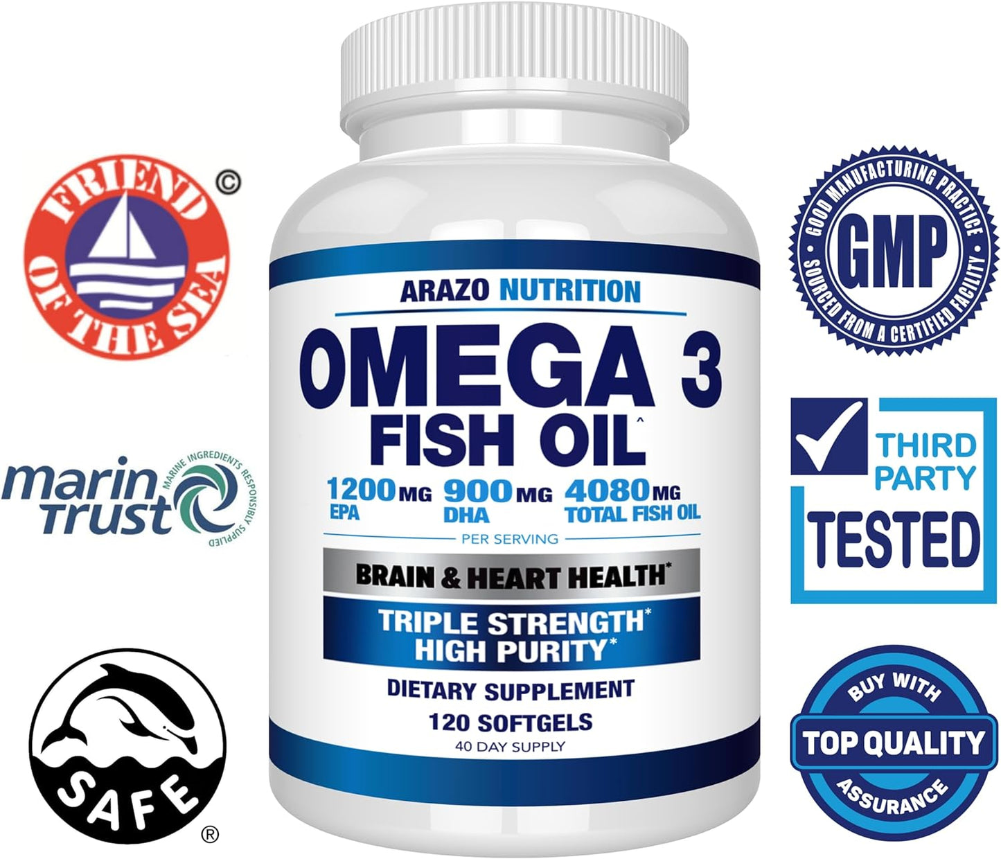 Arazo Nutrition Wild Caught Omega 3 Fish Oil – 120 Soft Gels – 4,080Mg High EPA 1200Mg DHA 900Mg Lemon Flavor Burpless Softgels