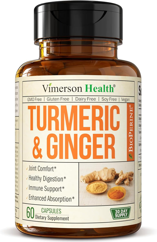 Tumeric and Ginger with Black Pepper - Natural Turmeric Curcumin Joint Support Supplement with Bioperine & 95% Curcuminoids. High Absorption Curcumin Supplements. Digestive & Immune Support. 60 Caps