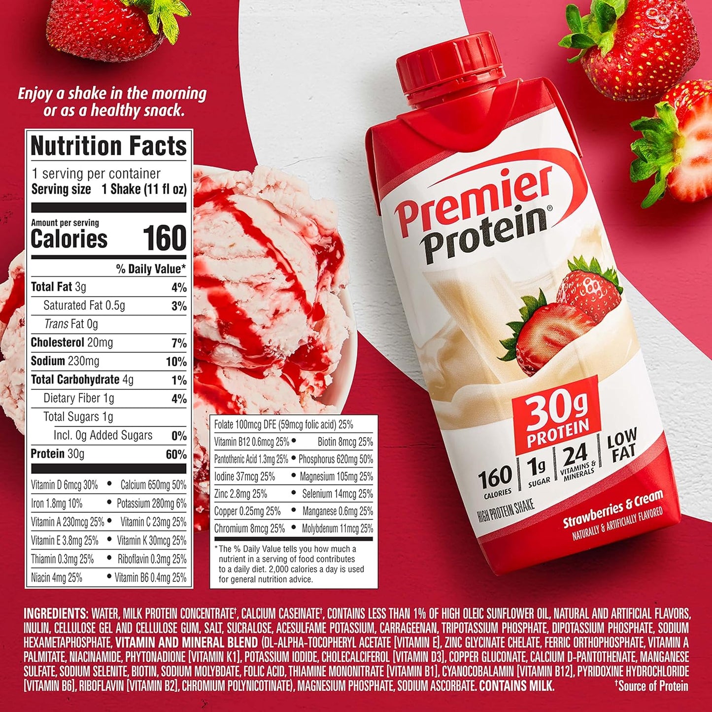 Premier Protein 30G Shakes Strawberries Cream 11 Fluid Ounces, Strawberry Shake, 44 Fl Oz