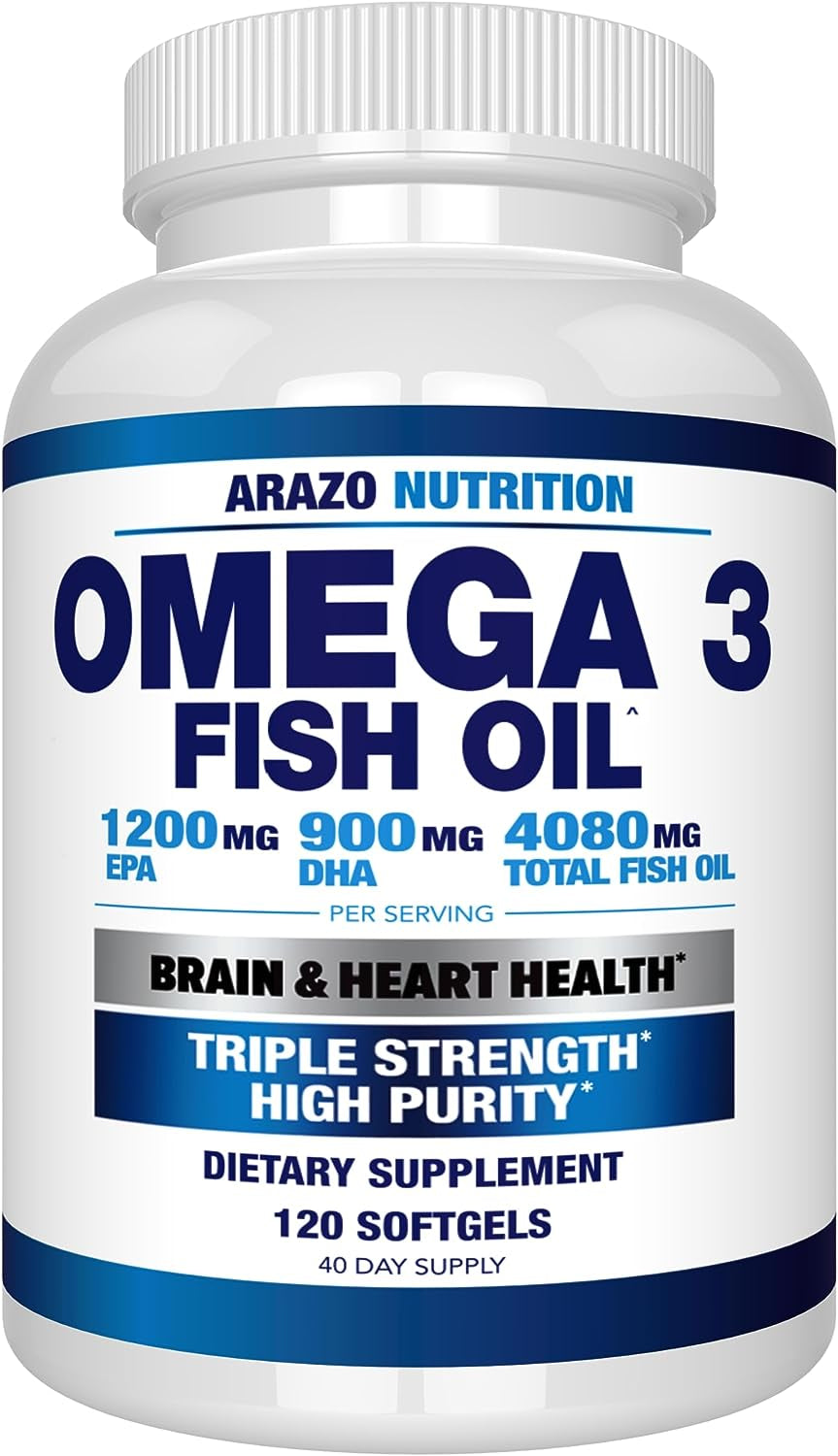 Arazo Nutrition Wild Caught Omega 3 Fish Oil – 120 Soft Gels – 4,080Mg High EPA 1200Mg DHA 900Mg Lemon Flavor Burpless Softgels