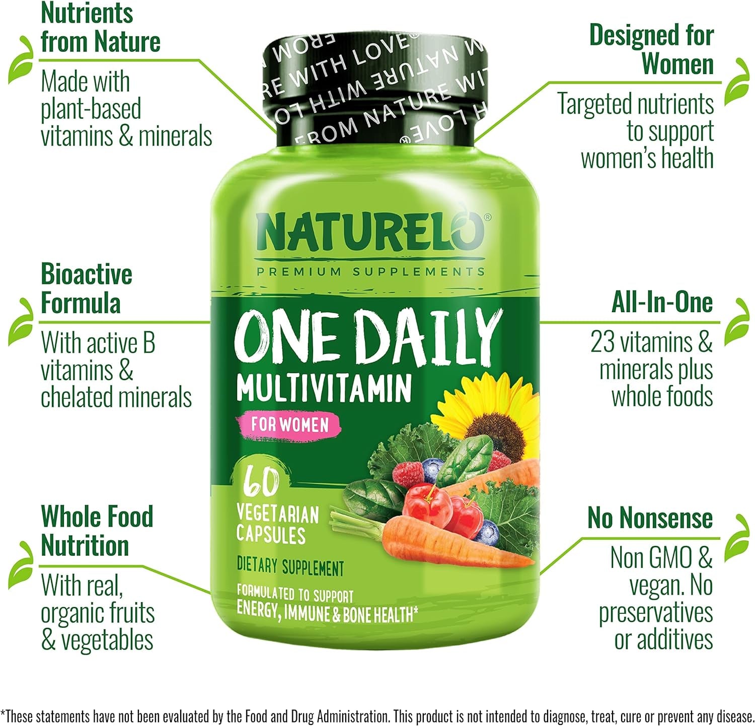 NATURELO One Daily Multivitamin for Women - Energy Support - Whole Food Supplement to Nourish Hair, Skin, Nails - Non-Gmo - No Soy - Gluten Free