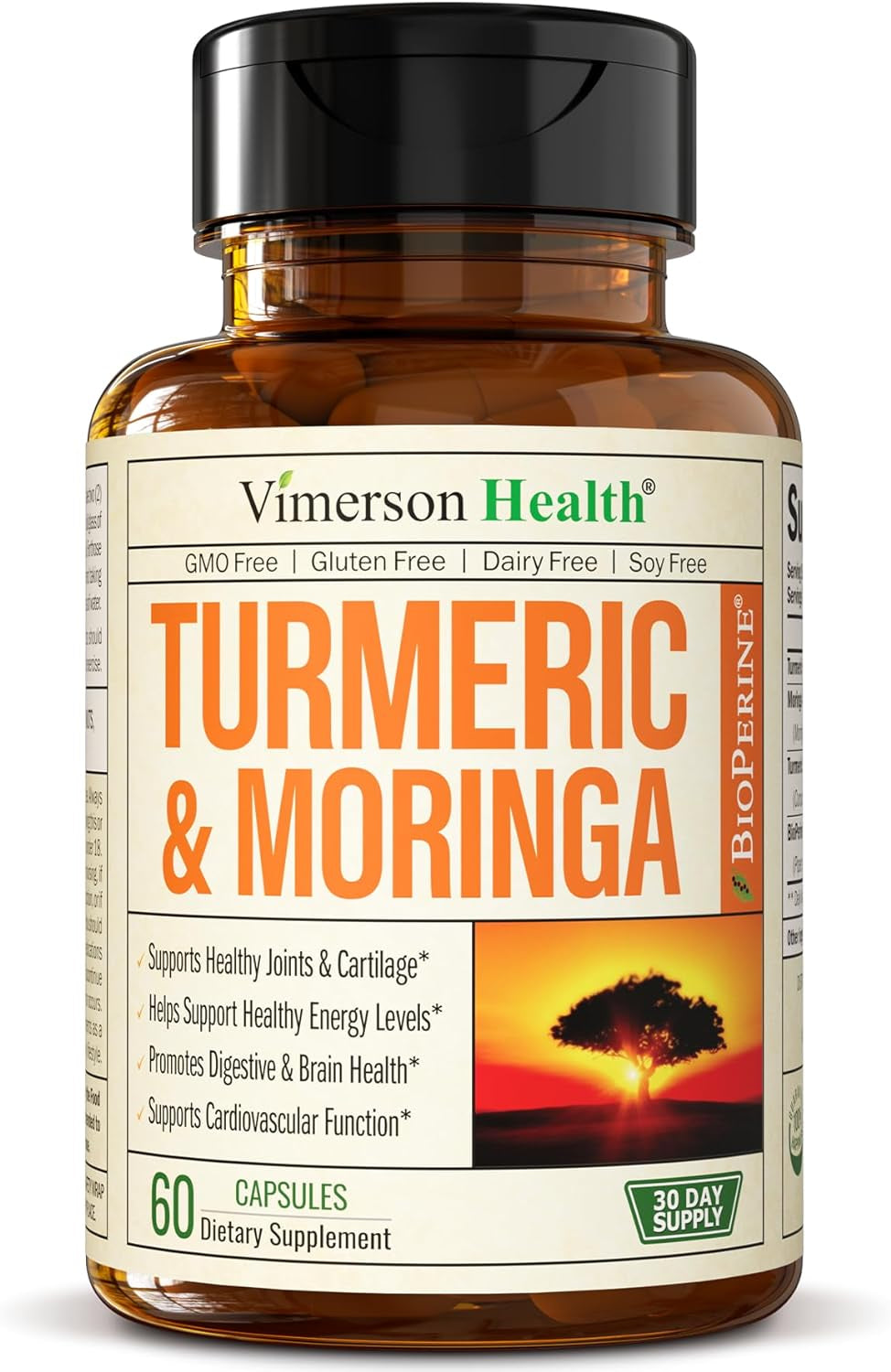 Turmeric Curcumin & Moringa Leaves Extract with Black Pepper. Joint Support Supplement with Tumeric (95% Curcuminoids), Bioperine & Moringa Oleifera Leaf for Joints, Digestion & Energy. 60 Capsules