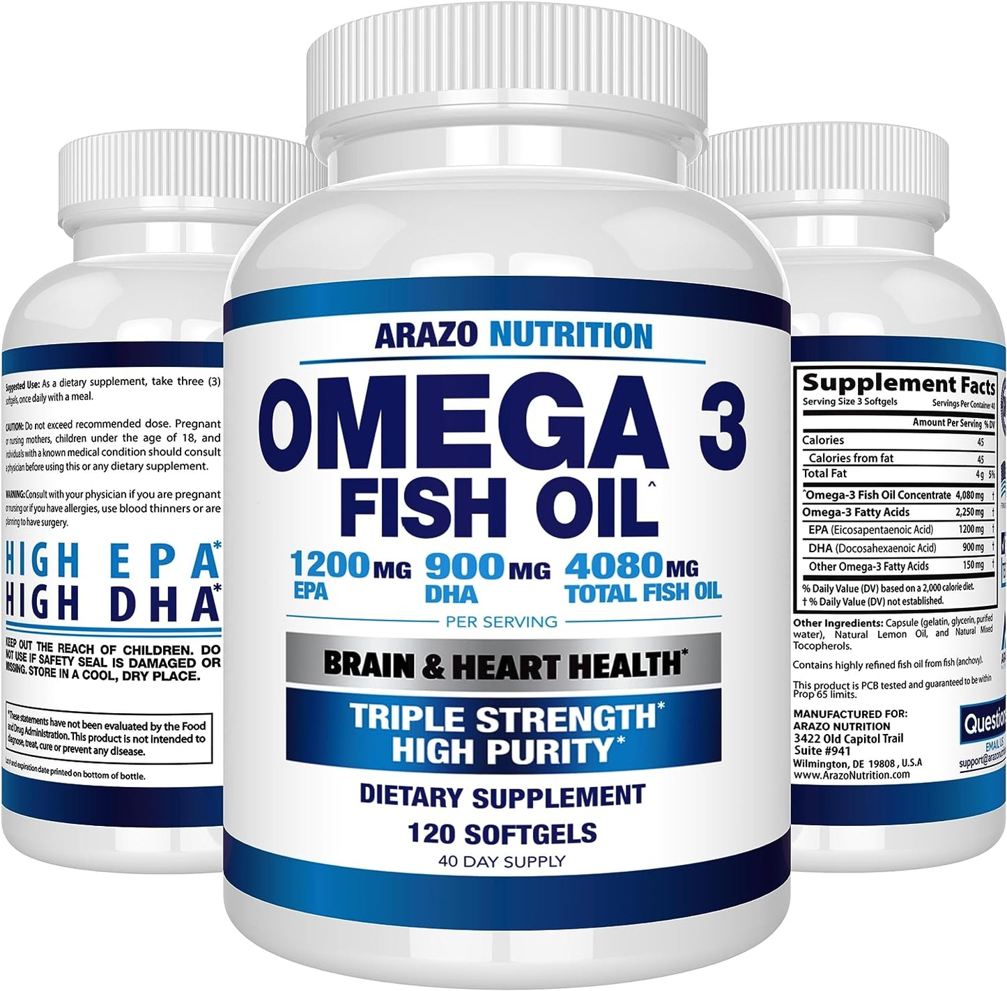 Arazo Nutrition Wild Caught Omega 3 Fish Oil – 120 Soft Gels – 4,080Mg High EPA 1200Mg DHA 900Mg Lemon Flavor Burpless Softgels