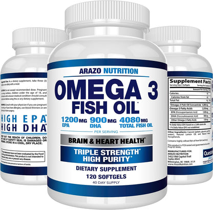 Arazo Nutrition Wild Caught Omega 3 Fish Oil – 120 Soft Gels – 4,080Mg High EPA 1200Mg DHA 900Mg Lemon Flavor Burpless Softgels