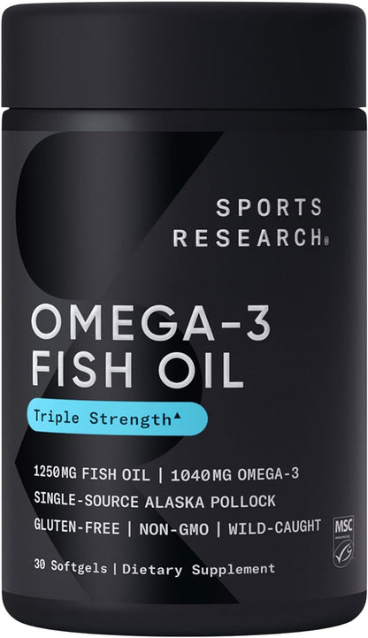 Sports Research Triple Strength Omega 3 Fish Oil - Burpless Fish Oil Supplement W/Epa & DHA Fatty Acids from Single-Source Wild Alaska Pollock - 1250 Mg, 90 Ct