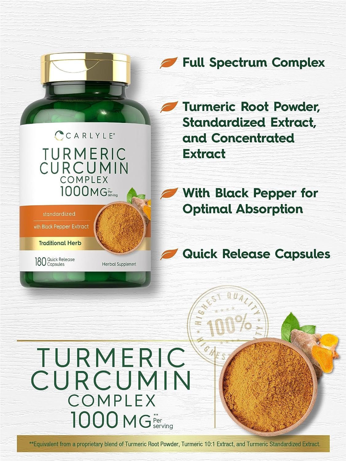 Carlyle Turmeric Curcumin with Black Pepper 1000Mg | 180 Capsules | Turmeric Complex Supplement | Non-Gmo, Gluten Free