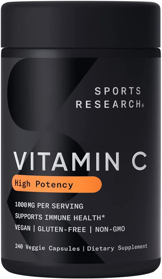 Sports Research High Potency Vitamin C Supplement - Vegan Veggie Capsules for Antioxidant Activity & Immune Support - Non-Gmo Verified & Gluten Free - Ascorbic Acid Vitamin C 1000Mg, 240 Count