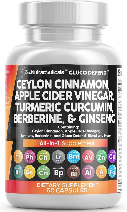 Clean Nutraceuticals Ceylon Cinnamon 3000Mg Turmeric 3000Mg Apple Cider Vinegar 3000Mg Ginseng 2000Mg Berberine 1200Mg plus Bitter Melon Gymnema Milk Thistle Fenugreek