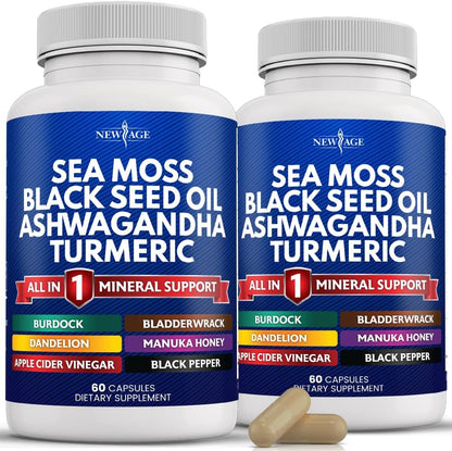 Silica Sea Moss 3000Mg Black Seed Oil 2000Mg Ashwagandha 1000Mg Turmeric 1000Mg Bladderwrack 1000Mg Burdock 1000Mg- with Manuka, Honey Dandelion, ACV Black Pepper Gluten Free