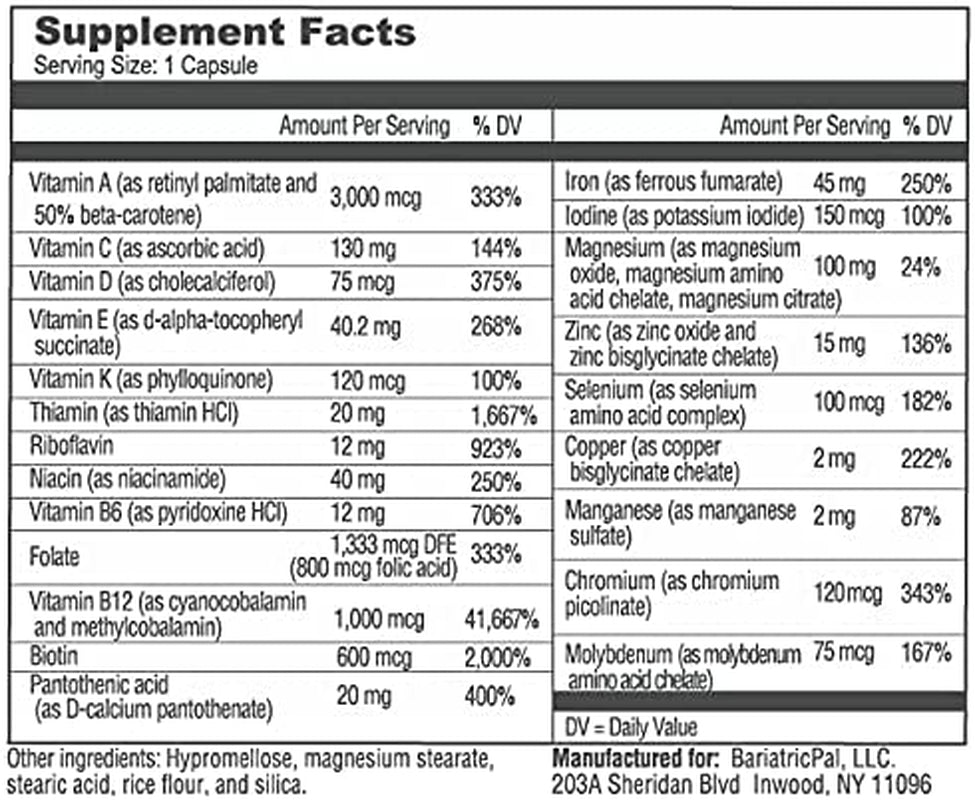 Bariatricpal Multivitamin ONE 1 per Day! Bariatric Multivitamin Capsule with 45Mg Iron