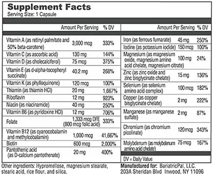 Bariatricpal Multivitamin ONE 1 per Day! Bariatric Multivitamin Capsule with 45Mg Iron