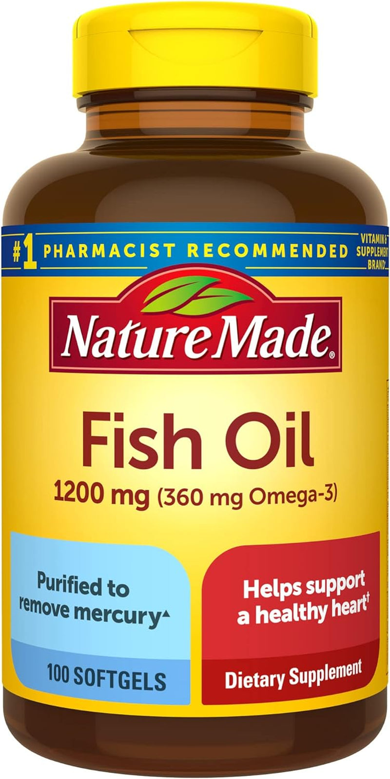 Nature Made Fish Oil 1200 Mg Softgels, Omega 3 Supplements, for Healthy Heart Support, Omega 3 Supplement with 100 Softgels, 50 Day Supply