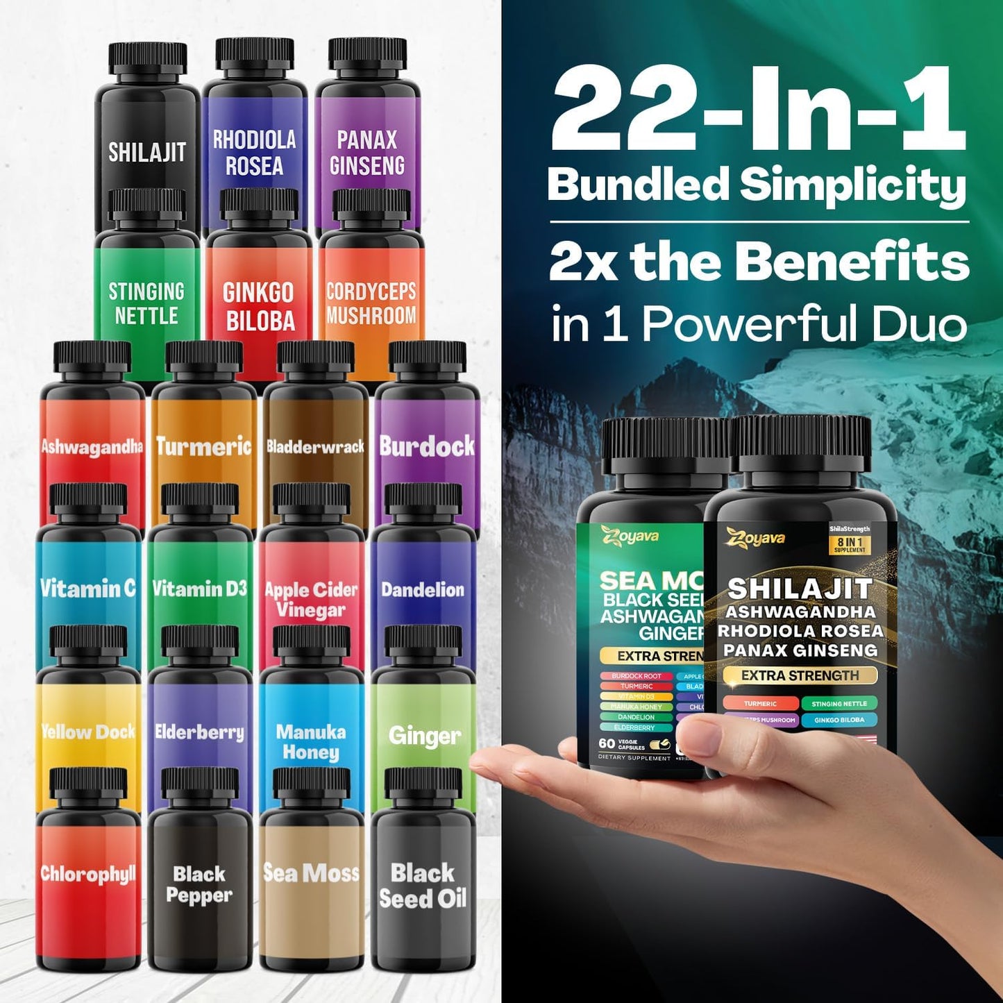 Zoyava Dynamic Vitality Bundle, Sea Moss and Shilajit Bundle, Sea Moss 7000Mg, Black Seed Oil 4000Mg, Ashwagandha 2000Mg, Ginger & Shilajit 9000Mg, Rhodiola Rosea 1000Mg, Panax Ginseng