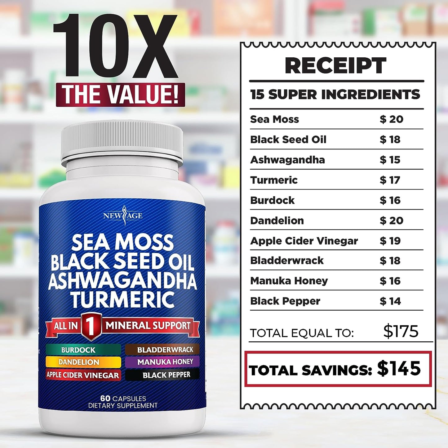 Silica Sea Moss 3000Mg Black Seed Oil 2000Mg Ashwagandha 1000Mg Turmeric 1000Mg Bladderwrack 1000Mg Burdock 1000Mg- with Manuka, Honey Dandelion, ACV Black Pepper Gluten Free