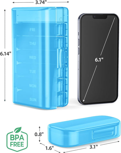 PULIV Pill Organizer with Large Capacity, Dual Protection Pill Box 7 Day, Arthritis Friendly Pill Case Easy to Open, Weekly Medicine Organizer for Vitamins, Medications, Fish Oils, Supplements (Blue)