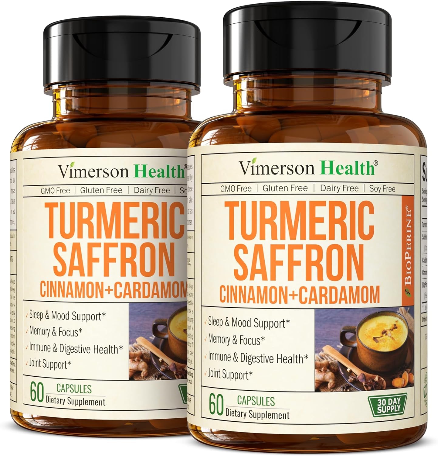 Turmeric Saffron Supplements with Cinnamon Powder & Cardamom - Antioxidant Joint Support Supplement Contains Turmeric Curcumin with Black Pepper for Mood, Memory, Eye Health & Well-Being - 60 Capsules