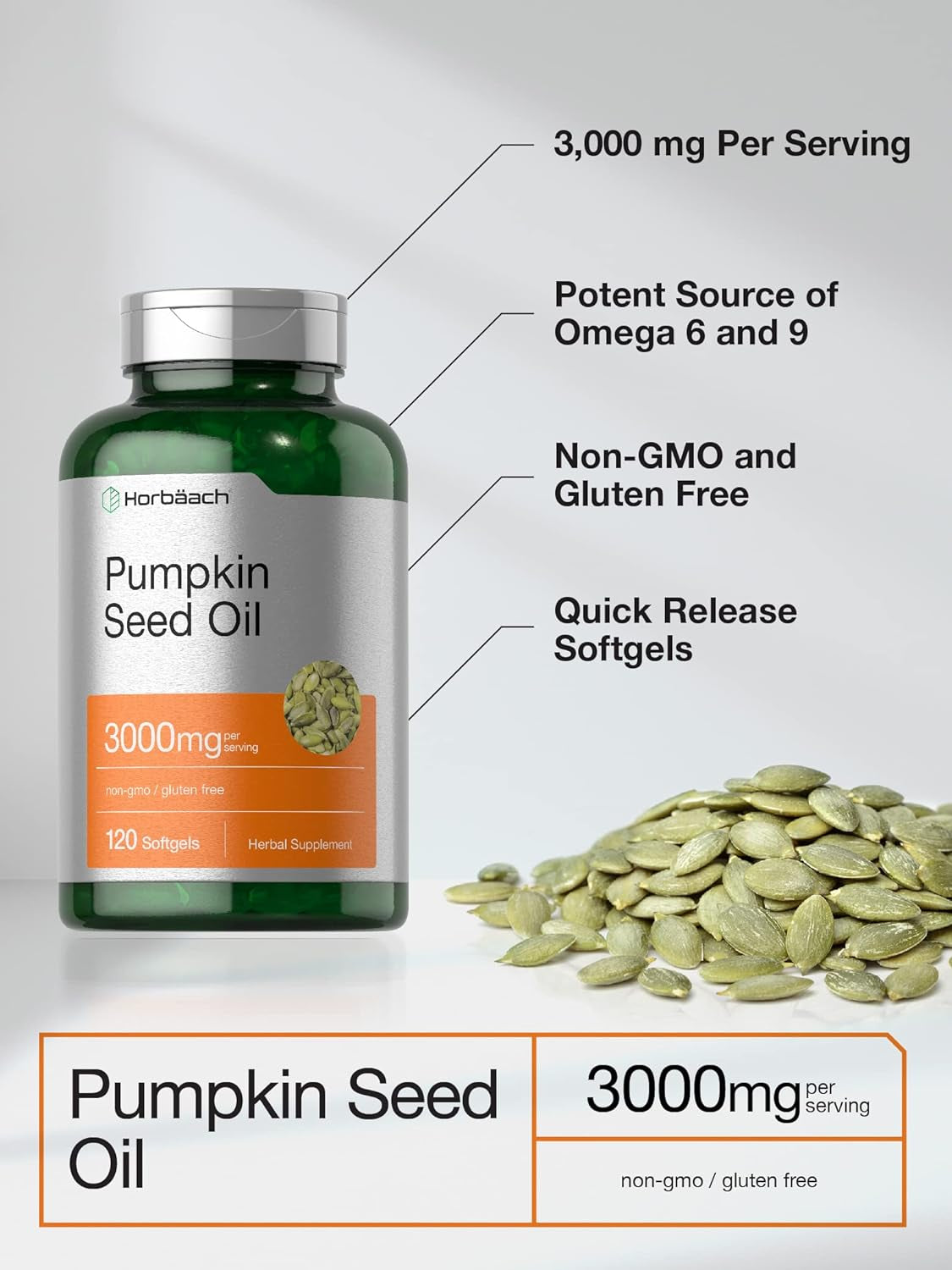 Horbäach Pumpkin Seed Oil | 3000Mg | 120 Softgel Capsules | Cold Pressed Dietary Supplement | Non-Gmo and Gluten Free Formula