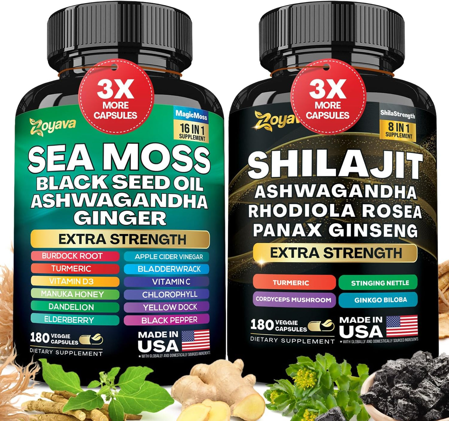 Zoyava Dynamic Vitality Bundle, Sea Moss and Shilajit Bundle, Sea Moss 7000Mg, Black Seed Oil 4000Mg, Ashwagandha 2000Mg, Ginger & Shilajit 9000Mg, Rhodiola Rosea 1000Mg, Panax Ginseng