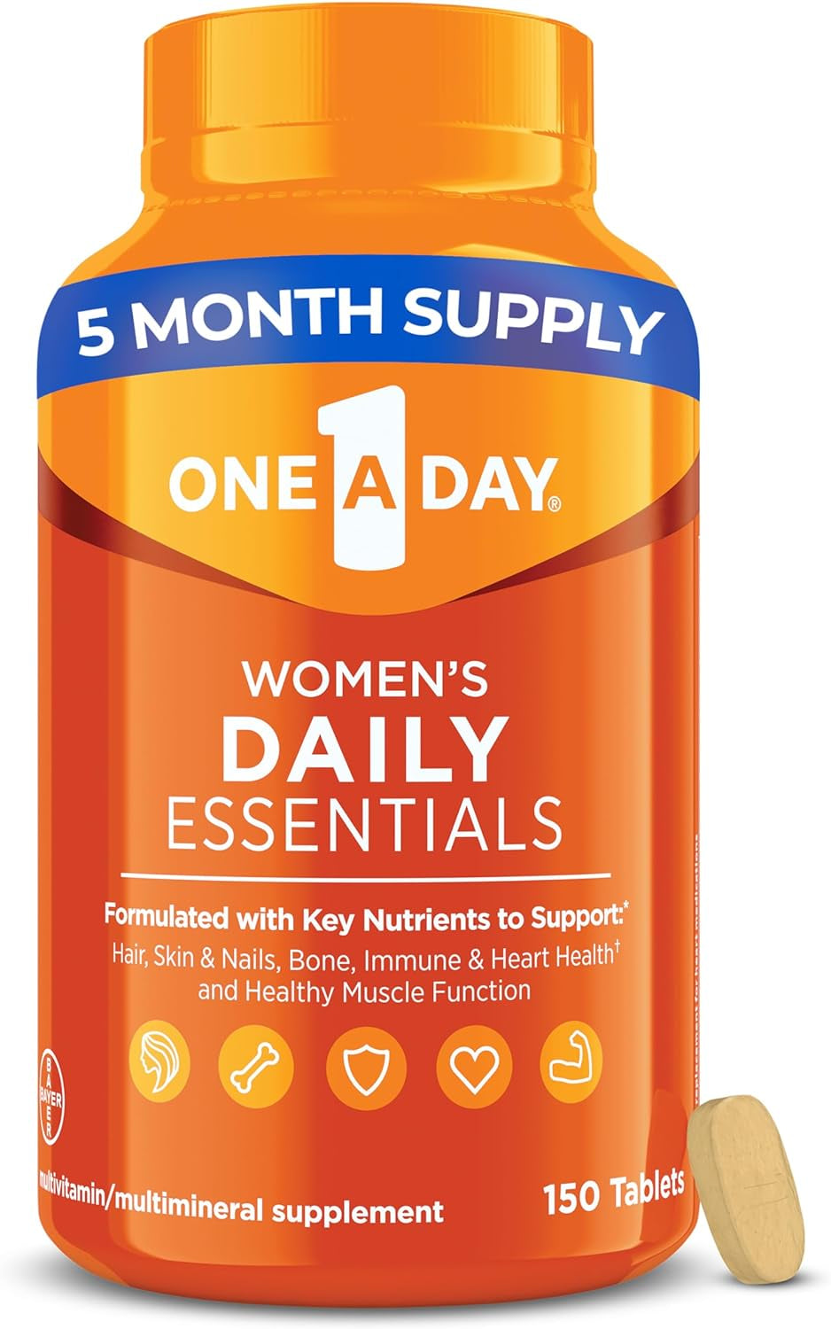 One-A-Day Multivitamin for Women Daily Essentials, Vitamins for Women to Support Hair, Skin & Nails, Immune Health, Multivitamin for Women with Zinc, Folic Acid & B Vitamins, 150 Count