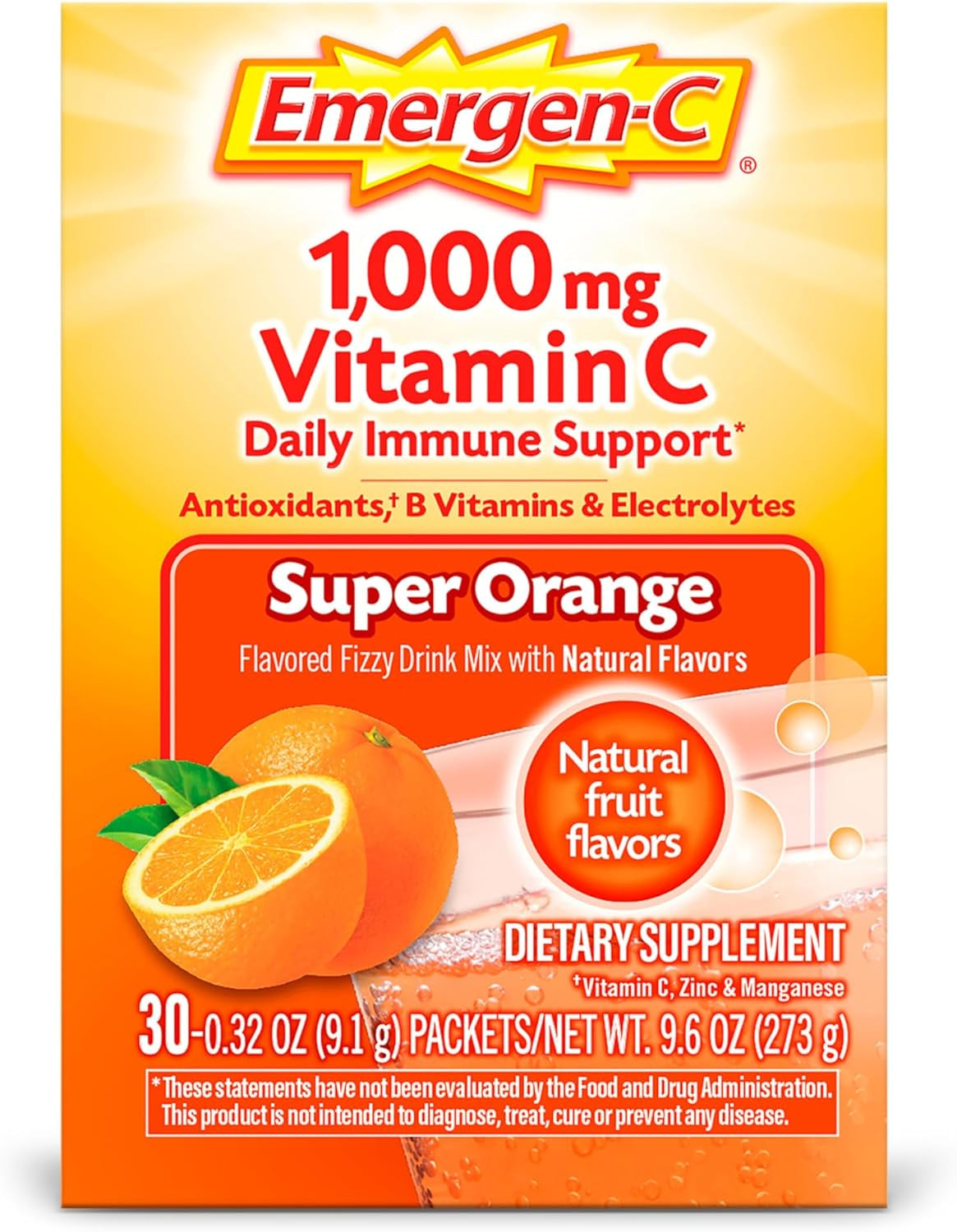 Emergen-C 1000Mg Vitamin C Powder, with Antioxidants, B Vitamins and Electrolytes, Vitamin C Supplements for Immune Support, Caffeine Free Fizzy Drink Mix, Tangerine Flavor